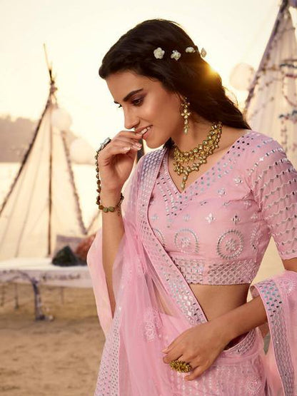 Women's  Baby Pink Embroidered Organza Lehenga