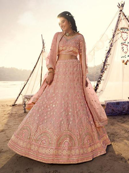 Women's  Peach Embroidered Organza Lehenga