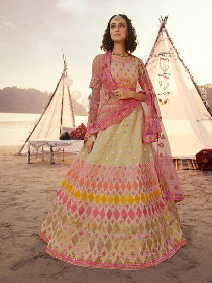 Women's  Beige Embroidered Organza Lehenga