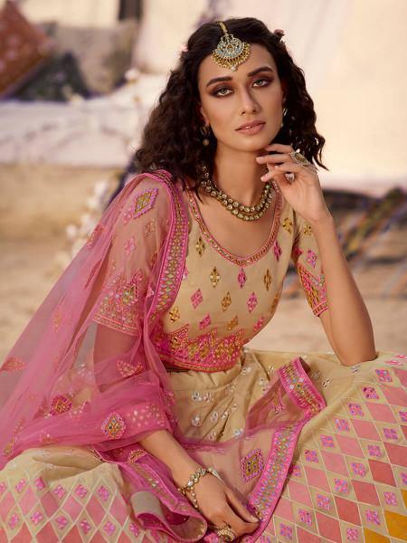 Women's  Beige Embroidered Organza Lehenga