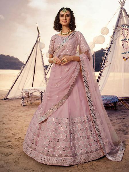 Women's  Baby Pink Embroidered Organza Lehenga