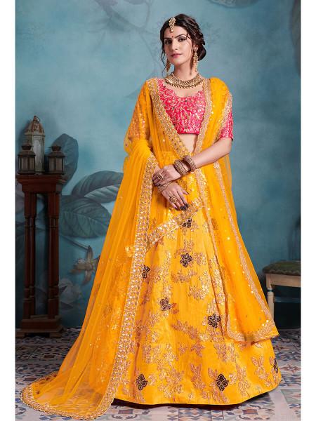 Women's  Yellow Art Silk Embroidered Lehenga