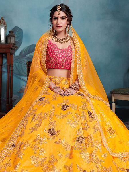 Women's  Yellow Art Silk Embroidered Lehenga