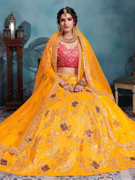 Women's  Yellow Art Silk Embroidered Lehenga