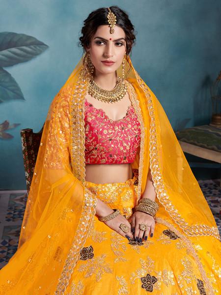 Women's  Yellow Art Silk Embroidered Lehenga