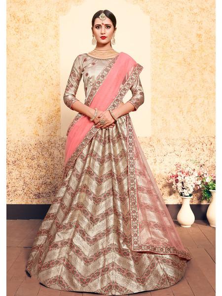 Women's  Tortilla Brown Satin Embroidered Lehenga