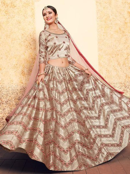 Women's  Tortilla Brown Satin Embroidered Lehenga