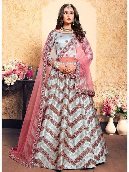 Women's  Grey Satin Embroidered Lehenga