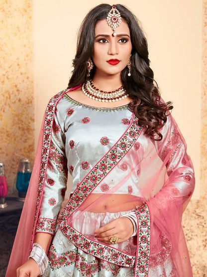 Women's  Grey Satin Embroidered Lehenga