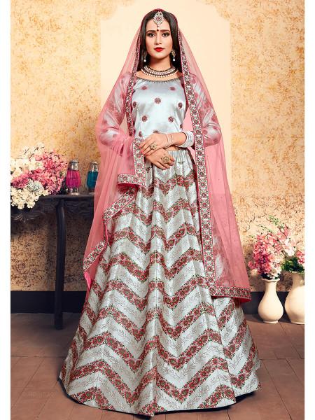 Women's  Grey Satin Embroidered Lehenga