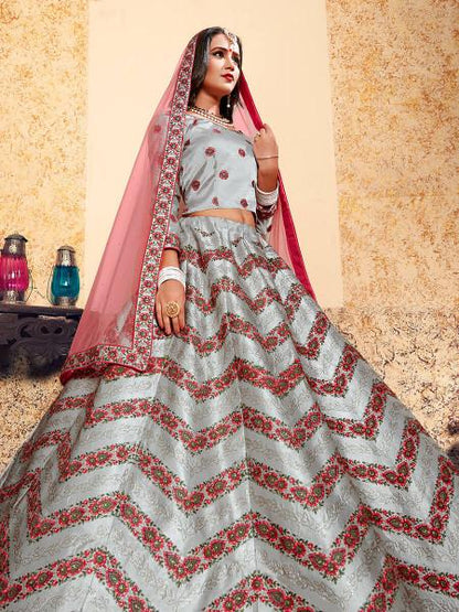 Women's  Grey Satin Embroidered Lehenga