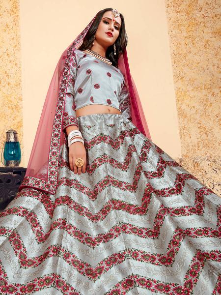 Women's  Grey Satin Embroidered Lehenga