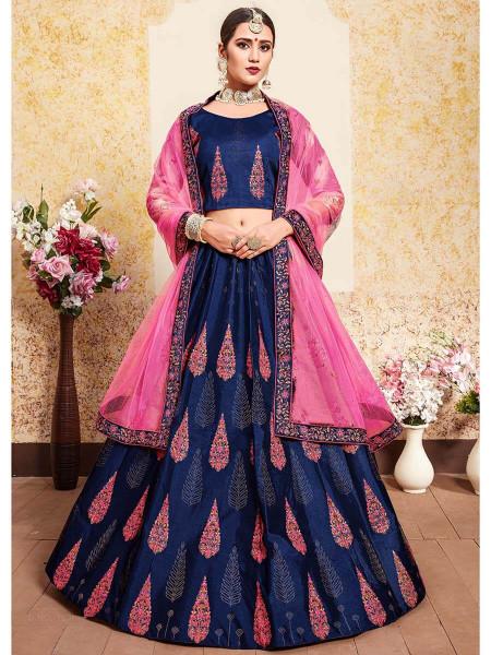 Women's  Navy Blue Satin Embroidered Lehenga