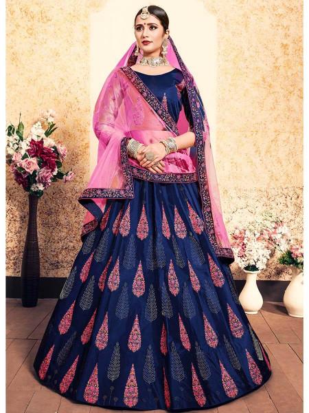 Women's  Navy Blue Satin Embroidered Lehenga