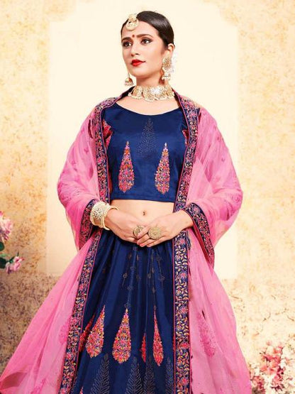 Women's  Navy Blue Satin Embroidered Lehenga