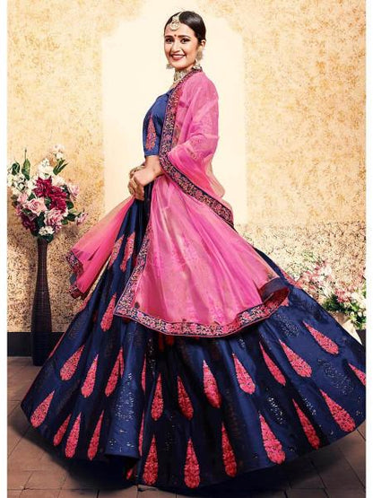 Women's  Navy Blue Satin Embroidered Lehenga