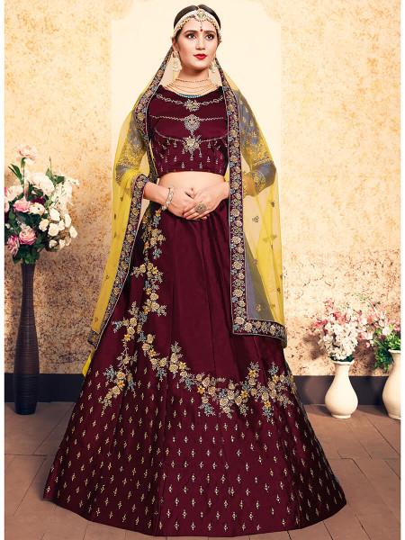 Women's  Maroon Satin Embroidered Lehenga