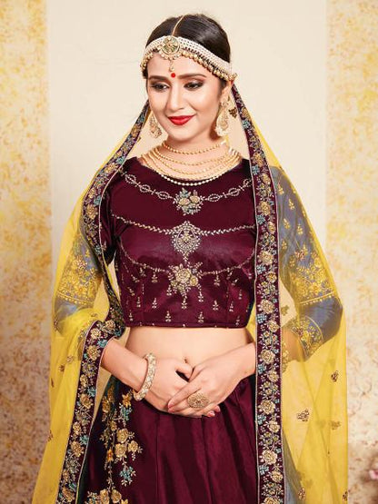 Women's  Maroon Satin Embroidered Lehenga