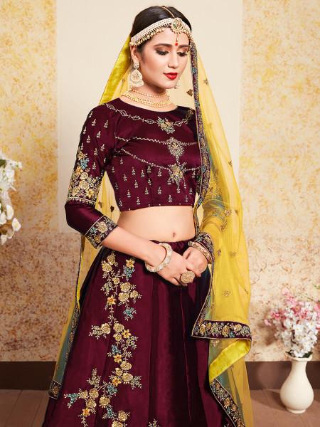 Women's  Maroon Satin Embroidered Lehenga