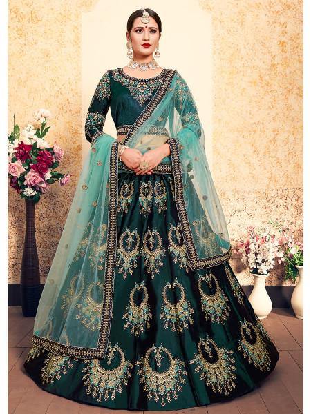 Women's  Dark Green Satin Embroidered Lehenga