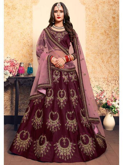 Women's  Brown Satin Embroidered Lehenga