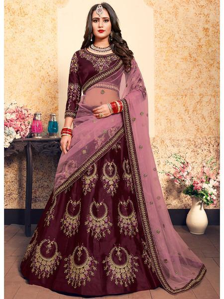 Women's  Brown Satin Embroidered Lehenga