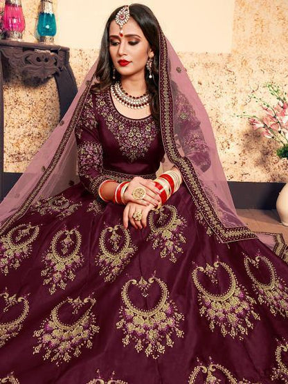 Women's  Brown Satin Embroidered Lehenga