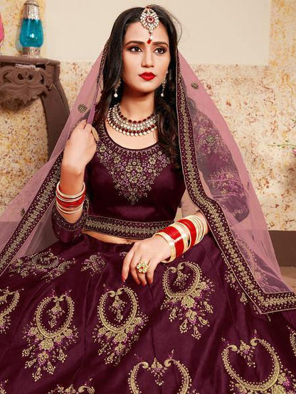 Women's  Brown Satin Embroidered Lehenga