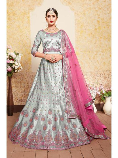 Women's  Grey Satin Embroidered Lehenga