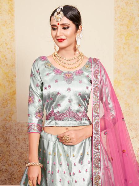 Women's  Grey Satin Embroidered Lehenga