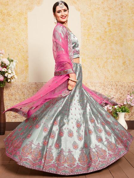 Women's  Grey Satin Embroidered Lehenga