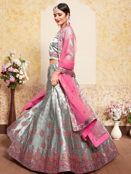 Women's  Grey Satin Embroidered Lehenga