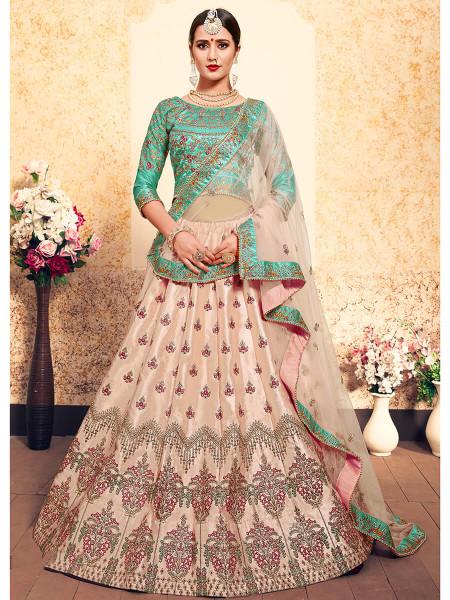 Women's  Peach Satin Embroidered Lehenga