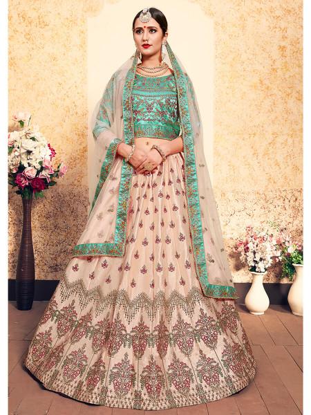 Women's  Peach Satin Embroidered Lehenga