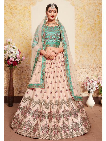 Women's  Peach Satin Embroidered Lehenga