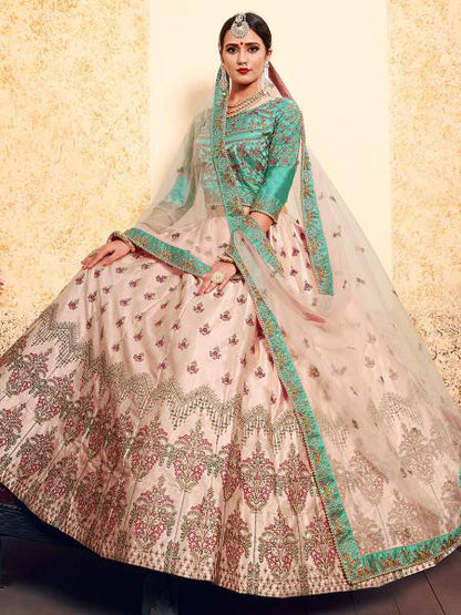 Women's  Peach Satin Embroidered Lehenga