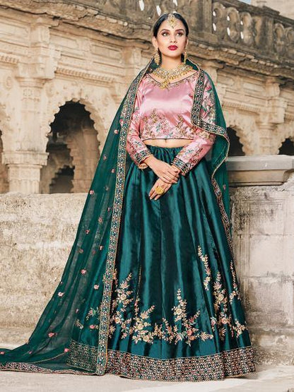 Women's  Green Satin Embroidered Lehenga