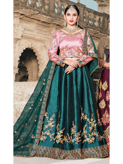 Women's  Green Satin Embroidered Lehenga