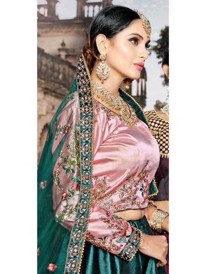 Women's  Green Satin Embroidered Lehenga