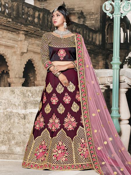 Women's  Wine Taffeta Embroidered Lehenga