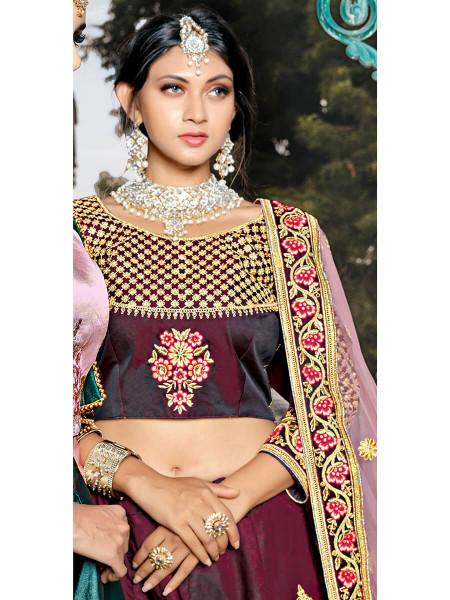 Women's  Wine Taffeta Embroidered Lehenga