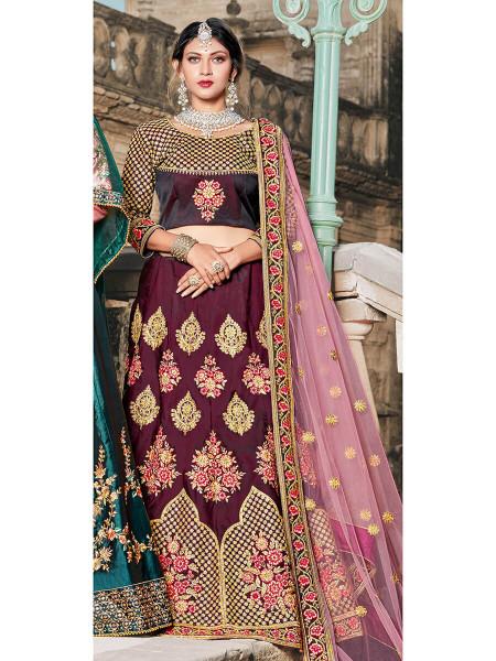 Women's  Wine Taffeta Embroidered Lehenga