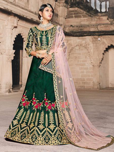 Women's  Green Taffeta Embroidered Lehenga