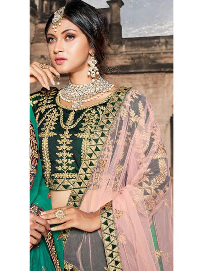 Women's  Green Taffeta Embroidered Lehenga