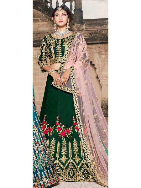 Women's  Green Taffeta Embroidered Lehenga