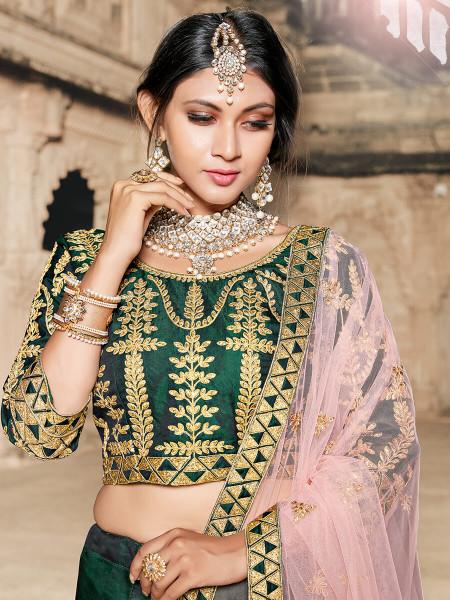 Women's  Green Taffeta Embroidered Lehenga