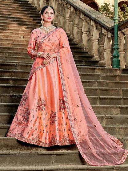 Women's  Peach Satin Embroidered Lehenga