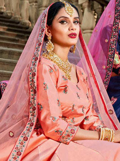 Women's  Peach Satin Embroidered Lehenga