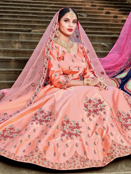 Women's  Peach Satin Embroidered Lehenga