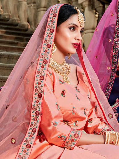 Women's  Peach Satin Embroidered Lehenga